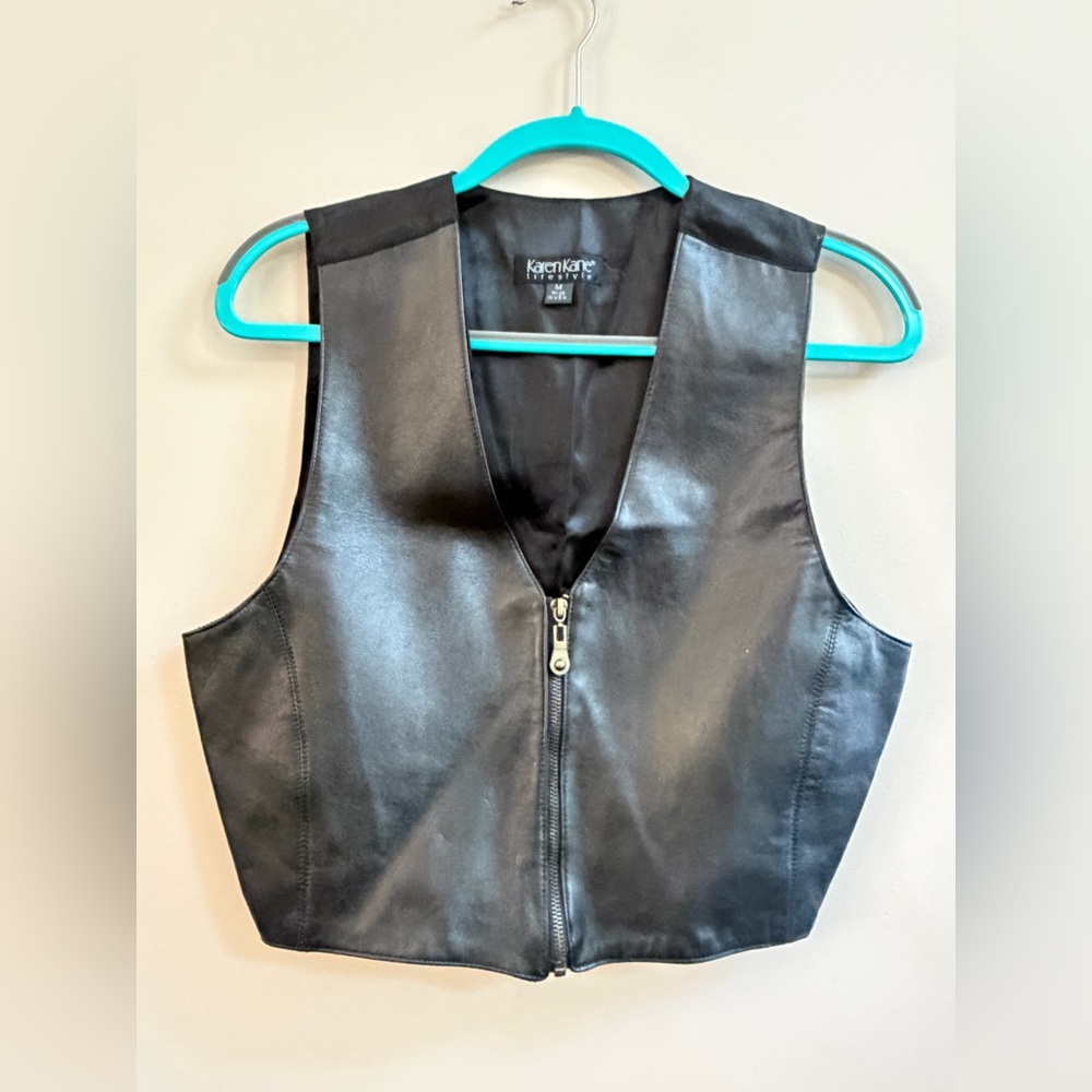 Karen Kane Vintage V-Neck Black Leather & Fabric Zip Up Vest, Y2K 90s Style